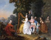 An elegant party in the countryside with a lady playing the harp and a gentleman playing the guitar unknow artist